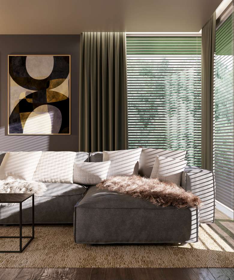 Layered window treatment living room