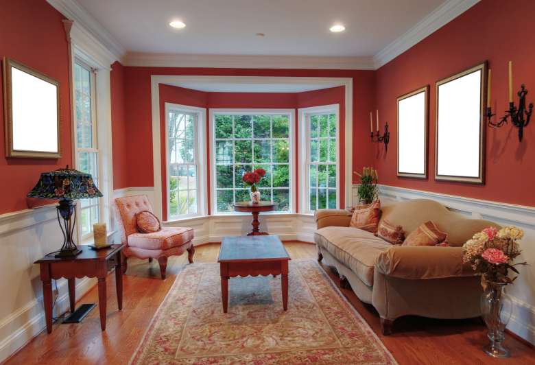 Living room interior with bay window