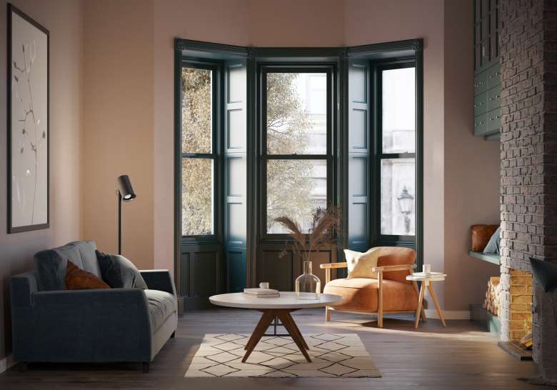 Olive green bay window treatment